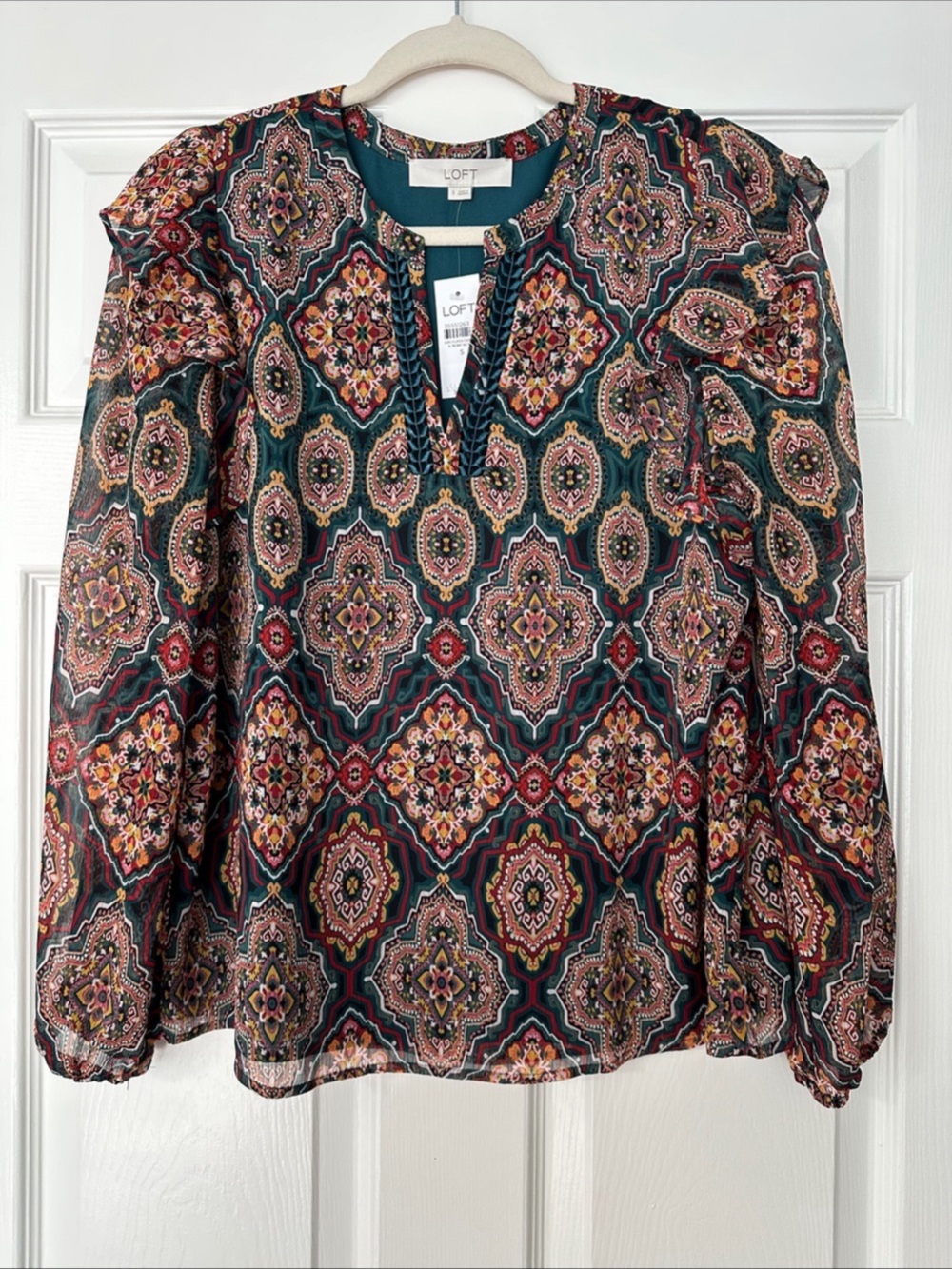 LOFT Medallion Print Blouse With Ruffle Shoulder, Green & Multicolor, S